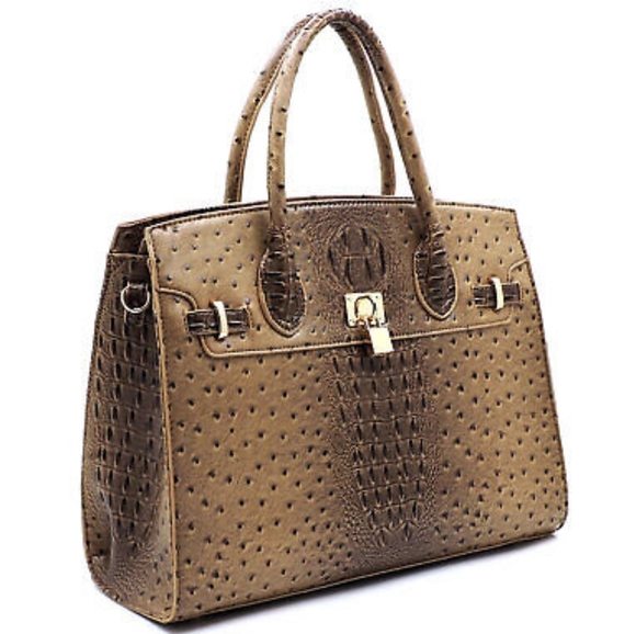 Ostrich Croc Padlock SatchelVegan LeatherFaux Ostrich Leather Zip top - Picture 1 of 8
